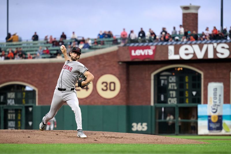 Sep 9, 2025; San Francisco, California, USA; Arizona Diamondbacks starting pitcher Zac Gallen (23) throws a pitch against the San Francisco Giants during the first inning at Oracle Park. Mandatory Credit: Robert Edwards-Imagn Images
