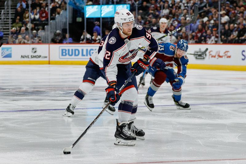 Mar 22, 2024; Denver, Colorado, USA; Columbus Blue Jackets left wing Alexander Nylander (92) controls the puck in the third period against the Colorado Avalanche at Ball Arena. Mandatory Credit: Isaiah J. Downing-USA TODAY Sports