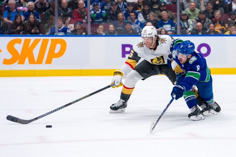 Apr 8, 2024; Vancouver, British Columbia, CAN; Vancouver Canucks forward Conor Garland (8) and Vegas Golden Knights defenseman Noah Hanifin (15) battle for the puck in the third period at Rogers Arena. Canucks won 4 -3. Mandatory Credit: Bob Frid-USA TODAY Sports