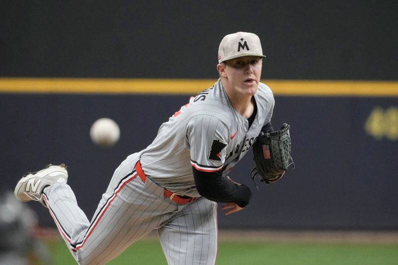 May 18, 2025; Milwaukee, Wisconsin, USA; Minnesota Twins pitcher Zebby Matthews (52) delivers a pitch against the Milwaukee Brewers in the first inning at American Family Field. Mandatory Credit: Michael McLoone-Imagn Images
