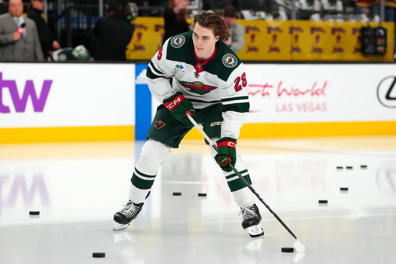 Apr 12, 2024; Las Vegas, Nevada, USA; Minnesota Wild left wing Liam Ohgren (28) takes a rookie lap before the start of a game against the Vegas Golden Knights at T-Mobile Arena. Mandatory Credit: Stephen R. Sylvanie-USA TODAY Sports