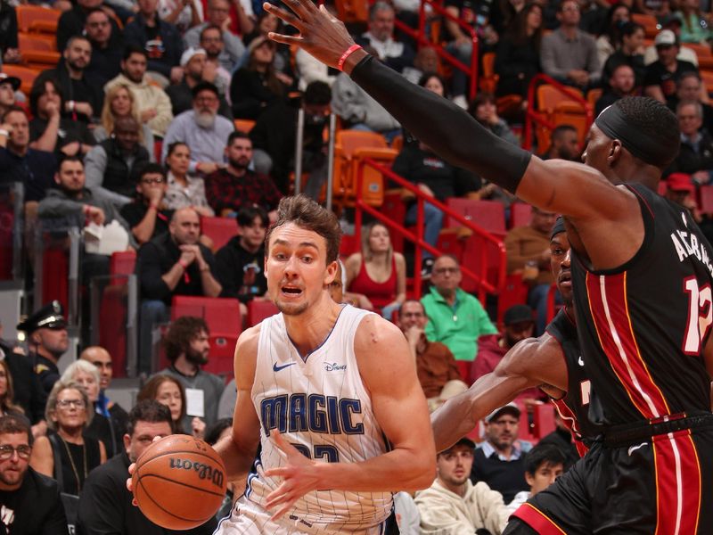 MIAMI, FL - FEBRUARY 6: Franz Wagner #22 of the Orlando Magic drives to the basket during the game against the Miami Heat on February 6, 2024 at Kaseya Center in Miami, Florida. NOTE TO USER: User expressly acknowledges and agrees that, by downloading and or using this Photograph, user is consenting to the terms and conditions of the Getty Images License Agreement. Mandatory Copyright Notice: Copyright 2024 NBAE (Photo by Issac Baldizon/NBAE via Getty Images)