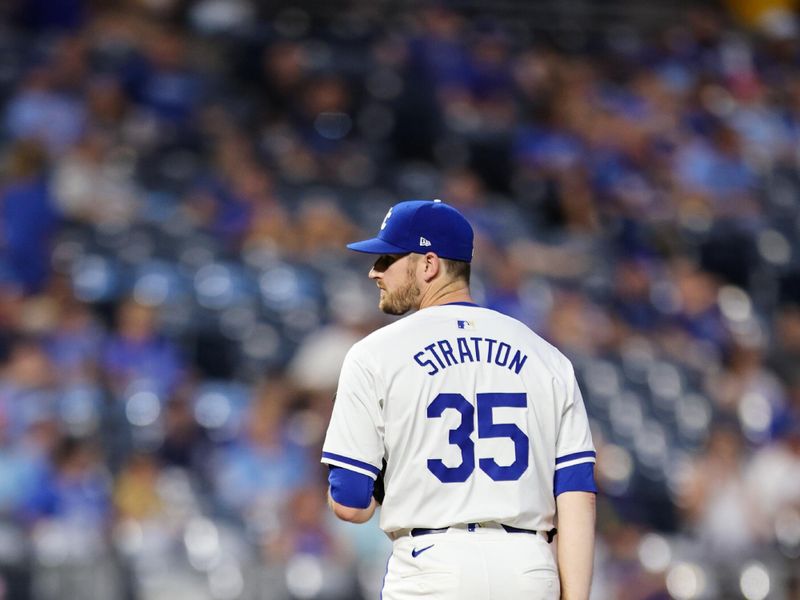 Jun 24, 2024; Kansas City, Missouri, USA; Kansas City Royals pitcher Chris Stratton (35) on the mound during the seventh inning against the Miami Marlins at Kauffman Stadium. Mandatory Credit: William Purnell-USA TODAY Sports