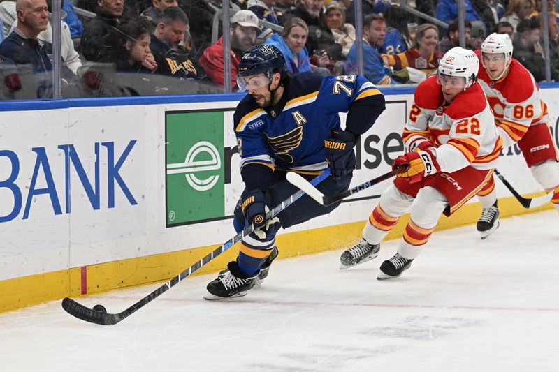 Jan 14, 2025; St. Louis, Missouri, USA; Calgary Flames left wing Jakob Pelletier (22) pressures St. Louis Blues defenseman Justin Faulk (72) in the first period at Enterprise Center. Mandatory Credit: Joe Puetz-Imagn Images