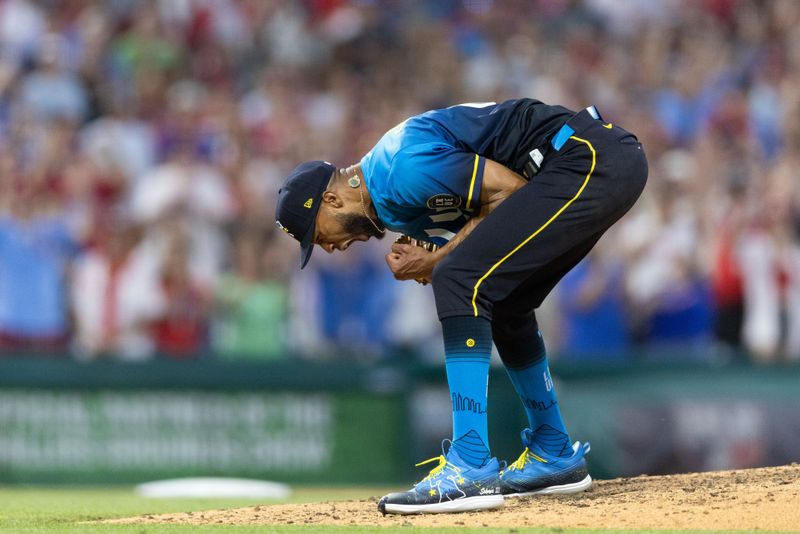 Jun 28, 2024; Philadelphia, Pennsylvania, USA; Philadelphia Phillies pitcher Cristopher Sánchez (61) reacts after his complete game three hit shutout against the Miami Marlins at Citizens Bank Park. Mandatory Credit: Bill Streicher-USA TODAY Sports