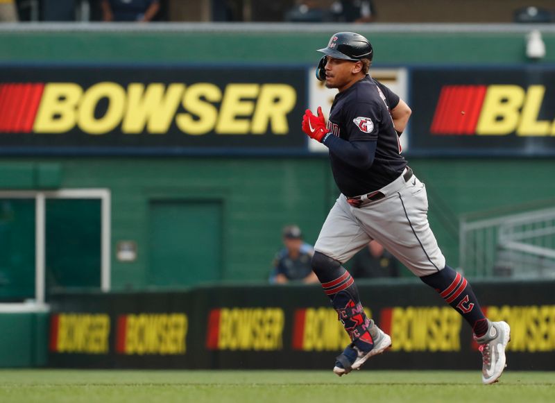 Jul 18, 2023; Pittsburgh, Pennsylvania, USA;  Cleveland Guardians first baseman Josh Naylor (22) circles the bases on a three run home run against the Pittsburgh Pirates during the first inning at PNC Park. Mandatory Credit: Charles LeClaire-USA TODAY Sports