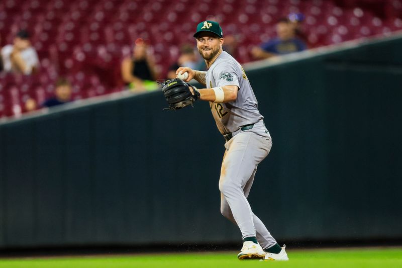 Aug 28, 2024; Cincinnati, Ohio, USA; Oakland Athletics third baseman Max Schuemann (12) throws to first to get Cincinnati Reds outfielder Spencer Steer (not pictured) out in the ninth inning at Great American Ball Park. Mandatory Credit: Katie Stratman-USA TODAY Sports