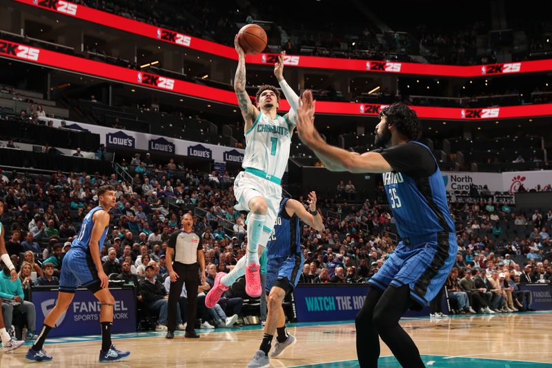 CHARLOTTE, NC - NOVEMBER 25:  LaMelo Ball #1 of the Charlotte Hornets shoots the ball during the game against the Orlando Magic during a regular season game on November 25, 2024 at Spectrum Center in Charlotte, North Carolina. NOTE TO USER: User expressly acknowledges and agrees that, by downloading and or using this photograph, User is consenting to the terms and conditions of the Getty Images License Agreement. Mandatory Copyright Notice: Copyright 2024 NBAE (Photo by Kent Smith/NBAE via Getty Images)