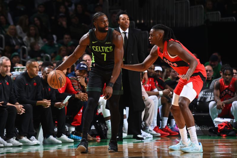 BOSTON, MA - NOVEMBER 16: Jaylen Brown #7 of the Boston Celtics dribbles the ball during the game against the Toronto Raptors on November 16, 2024 at TD Garden in Boston, Massachusetts. NOTE TO USER: User expressly acknowledges and agrees that, by downloading and/or using this Photograph, user is consenting to the terms and conditions of the Getty Images License Agreement. Mandatory Copyright Notice: Copyright 2024 NBAE (Photo by Brian Babineau/NBAE via Getty Images)