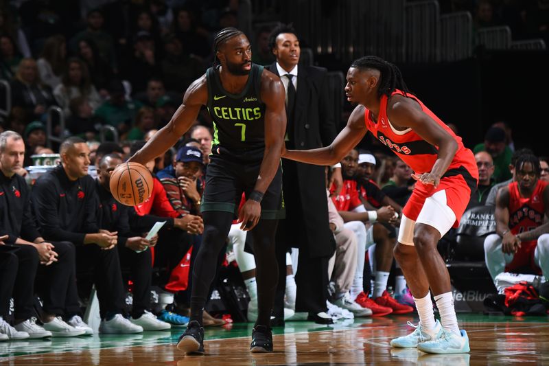 BOSTON, MA - NOVEMBER 16: Jaylen Brown #7 of the Boston Celtics dribbles the ball during the game against the Toronto Raptors on November 16, 2024 at TD Garden in Boston, Massachusetts. NOTE TO USER: User expressly acknowledges and agrees that, by downloading and/or using this Photograph, user is consenting to the terms and conditions of the Getty Images License Agreement. Mandatory Copyright Notice: Copyright 2024 NBAE (Photo by Brian Babineau/NBAE via Getty Images)