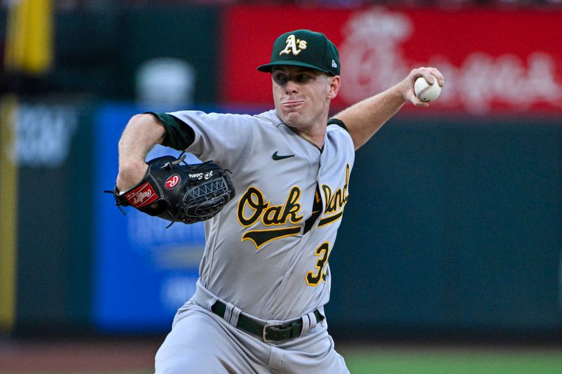 Aug 14, 2023; St. Louis, Missouri, USA;  Oakland Athletics starting pitcher JP Sears (38) pitches against the St. Louis Cardinals during the first inning at Busch Stadium. Mandatory Credit: Jeff Curry-USA TODAY Sports