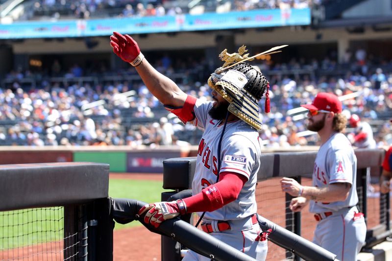 Aug 27, 2023; New York City, New York, USA; Los Angeles Angels second baseman Luis Rengifo (2) gestures towards the outfield after hitting a solo home run against the New York Mets during the eighth inning at Citi Field. Mandatory Credit: Brad Penner-USA TODAY Sports