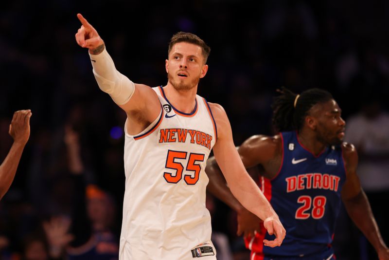 NEW YORK, NEW YORK - OCTOBER 21: Isaiah Hartenstein #55 of the New York Knicks reacts after making a three-pointer during the first quarter of the game against the Detroit Pistons at Madison Square Garden on October 21, 2022 in New York City. NOTE TO USER: User expressly acknowledges and agrees that,  by downloading and or using this photograph,  User is consenting to the terms and conditions of the Getty Images License Agreement. (Photo by Dustin Satloff/Getty Images)