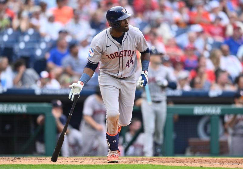 Aug 28, 2024; Philadelphia, Pennsylvania, USA; Houston Astros outfielder Yordan Alvarez (44) looks on after hitting a home run against the Philadelphia Phillies in the seventh inning at Citizens Bank Park. Mandatory Credit: Kyle Ross-USA TODAY Sports