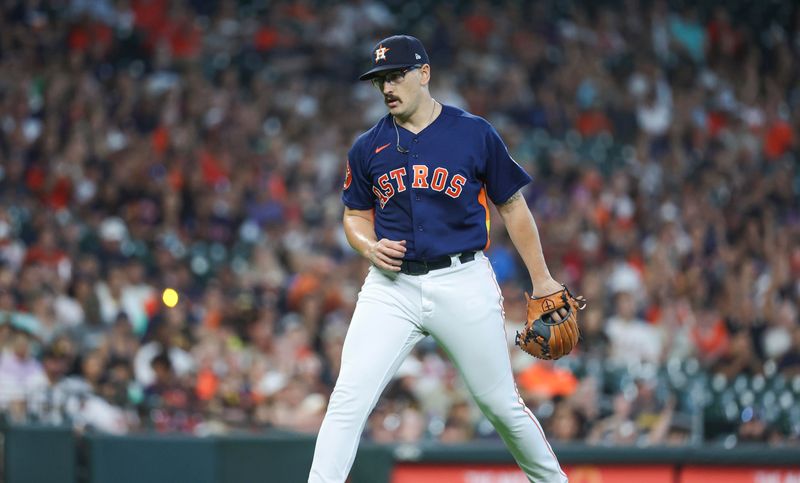 Sep 10, 2023; Houston, Texas, USA; Houston Astros starting pitcher J.P. France (68) reacts after getting a strikeout during the first inning against the San Diego Padres at Minute Maid Park. Mandatory Credit: Troy Taormina-USA TODAY Sports