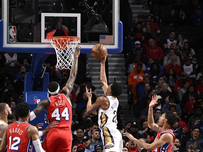 PHILADELPHIA, PA - MARCH 8: Trey Murphy III #25 of the New Orleans Pelicans drives to the basket during the game against the Philadelphia 76ers on March 8, 2024 at the Wells Fargo Center in Philadelphia, Pennsylvania NOTE TO USER: User expressly acknowledges and agrees that, by downloading and/or using this Photograph, user is consenting to the terms and conditions of the Getty Images License Agreement. Mandatory Copyright Notice: Copyright 2024 NBAE (Photo by David Dow/NBAE via Getty Images)