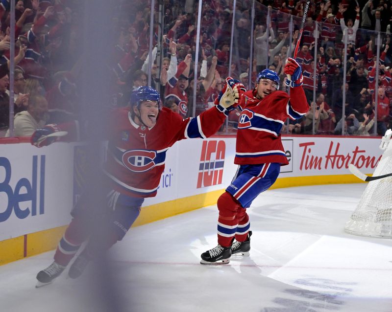 Oct 14, 2025; Montreal, Quebec, CAN; Montreal Canadiens forward Cole Caufield (13) celebrates after scoring the winning goal against the Seattle Krakenduring the overtime period at the Bell Centre. Mandatory Credit: Eric Bolte-Imagn Images