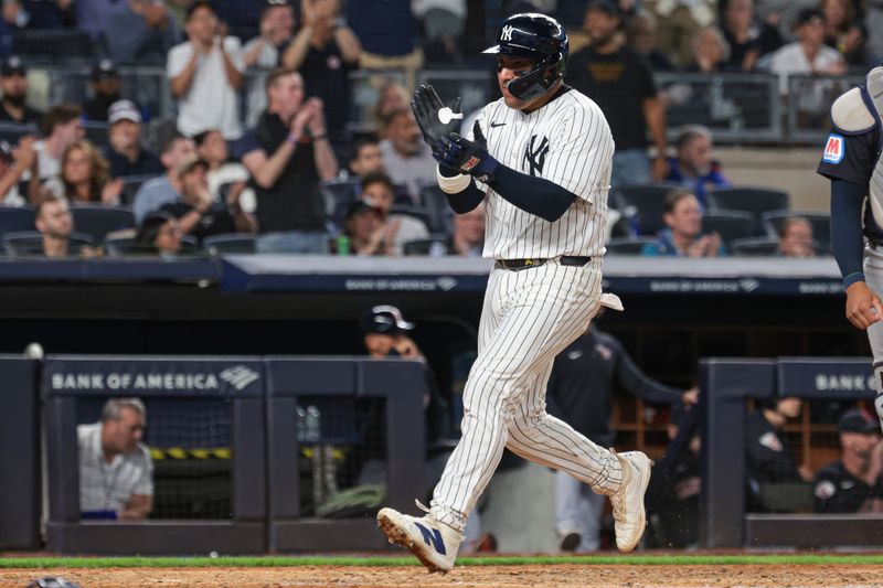 Aug 20, 2024; Bronx, New York, USA; New York Yankees catcher Jose Trevino (39) scores on an RBI double by shortstop Anthony Volpe (not pictured) during the fourth inning against the Cleveland Guardians at Yankee Stadium. Mandatory Credit: Vincent Carchietta-USA TODAY Sports