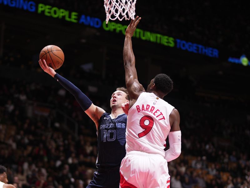 TORONTO, CANADA - JANUARY 22: Luke Kennard #10 of the Memphis Grizzlies drives to the basket during the game against the Toronto Raptors on January 22, 2024 at the Scotiabank Arena in Toronto, Ontario, Canada.  NOTE TO USER: User expressly acknowledges and agrees that, by downloading and or using this Photograph, user is consenting to the terms and conditions of the Getty Images License Agreement.  Mandatory Copyright Notice: Copyright 2024 NBAE (Photo by Mark Blinch/NBAE via Getty Images)