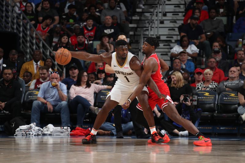 NEW ORLEANS, LA - FEBRUARY 25: Zion Williamson #1 of the New Orleans Pelicans handles the ball during the game against the Chicago Bulls on February 25, 2024 at the Smoothie King Center in New Orleans, Louisiana. NOTE TO USER: User expressly acknowledges and agrees that, by downloading and or using this Photograph, user is consenting to the terms and conditions of the Getty Images License Agreement. Mandatory Copyright Notice: Copyright 2024 NBAE (Photo by Layne Murdoch Jr./NBAE via Getty Images)