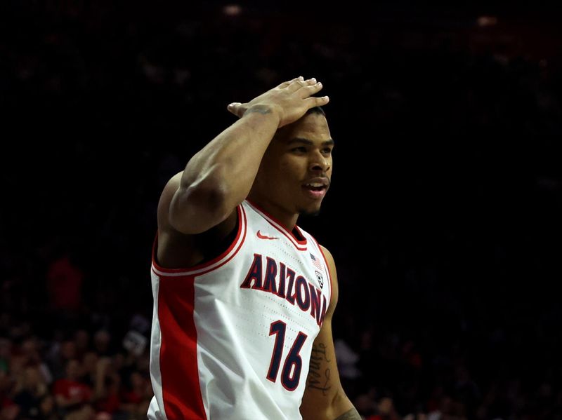 Jan 6, 2024; Tucson, Arizona, USA; Arizona Wildcats forward Keshad Johnson (16) celebrates after a basket against the Utah Utes during the second half at McKale Center. Mandatory Credit: Zachary BonDurant-USA TODAY Sports