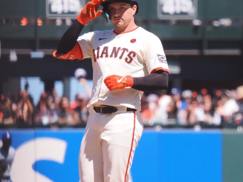 Jun 30, 2024; San Francisco, California, USA; San Francisco Giants catcher Patrick Bailey (14) reacts after hitting an RBI double against the Los Angeles Dodgers during the eighth inning at Oracle Park. Mandatory Credit: Kelley L Cox-USA TODAY Sports