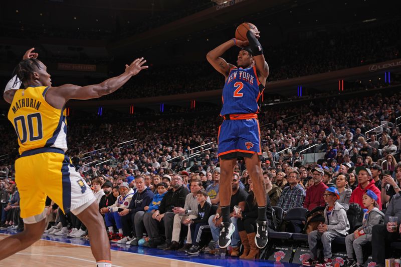 NEW YORK, NY - FEBRUARY 10: Miles McBride #2 of the New York Knicks shoots the ball during the game against the Indiana Pacers on February 10, 2024 at Madison Square Garden in New York City, New York.  NOTE TO USER: User expressly acknowledges and agrees that, by downloading and or using this photograph, User is consenting to the terms and conditions of the Getty Images License Agreement. Mandatory Copyright Notice: Copyright 2024 NBAE  (Photo by Jesse D. Garrabrant/NBAE via Getty Images)