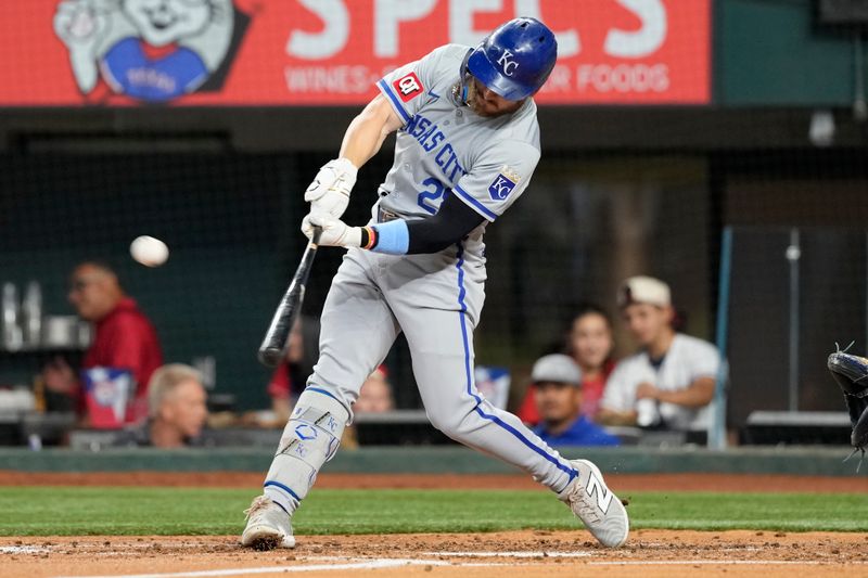 Jun 21, 2024; Arlington, Texas, USA; Kansas City Royals center fielder Kyle Isbel (28) connects for a solo home run against the Texas Rangers during the third inning at Globe Life Field. Mandatory Credit: Jim Cowsert-USA TODAY Sports