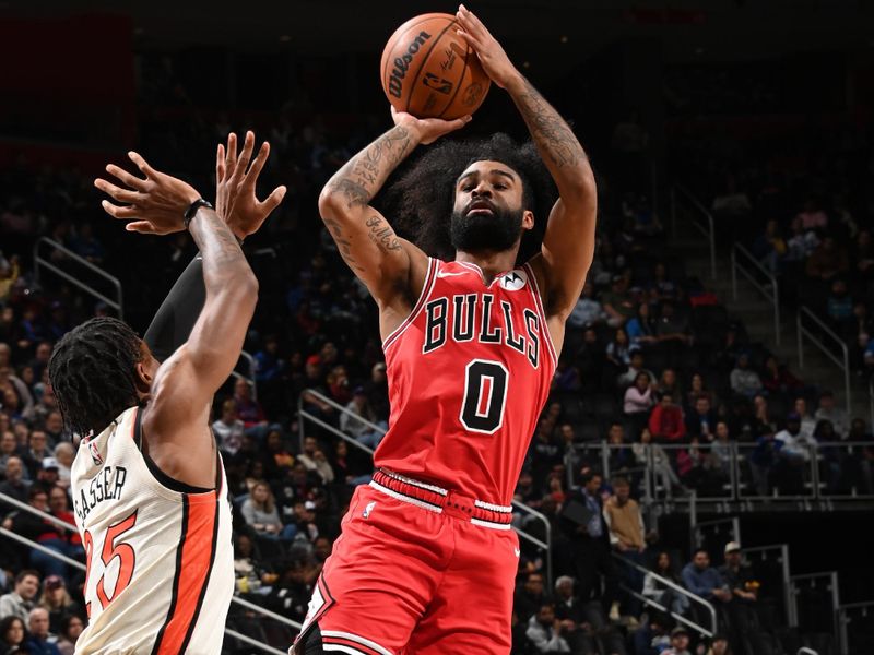 DETROIT, MI - NOVEMBER 18: Coby White #0 of the Chicago Bulls shoots the ball during the game against the Detroit Pistons on November 18, 2024 at Little Caesars Arena in Detroit, Michigan. NOTE TO USER: User expressly acknowledges and agrees that, by downloading and/or using this photograph, User is consenting to the terms and conditions of the Getty Images License Agreement. Mandatory Copyright Notice: Copyright 2024 NBAE (Photo by Chris Schwegler/NBAE via Getty Images)