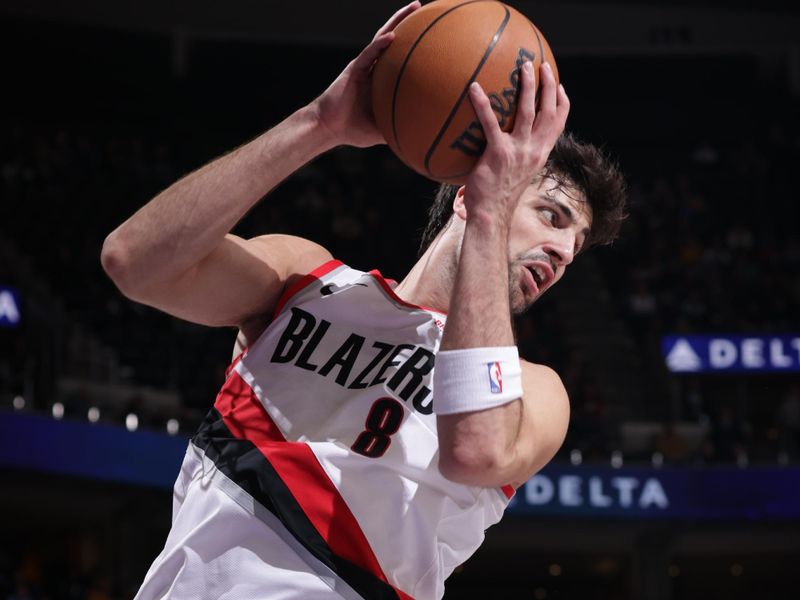 SALT LAKE CITY, UT - FEBRUARY 24: Deni Avdija #8 of the Portland Trail Blazers rebounds the ball during the game against the Utah Jazz on February 24, 2025 at Delta Center in Salt Lake City, Utah. NOTE TO USER: User expressly acknowledges and agrees that, by downloading and or using this Photograph, User is consenting to the terms and conditions of the Getty Images License Agreement. Mandatory Copyright Notice: Copyright 2025 NBAE (Photo by Melissa Majchrzak/NBAE via Getty Images)