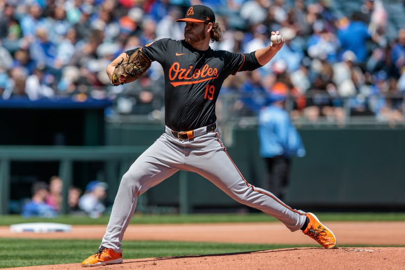 Apr 21, 2024; Kansas City, Missouri, USA; Baltimore Orioles pitcher Cole Irvin (19) pitching during the first inning against the Kansas City Royals at Kauffman Stadium. Mandatory Credit: William Purnell-USA TODAY Sports