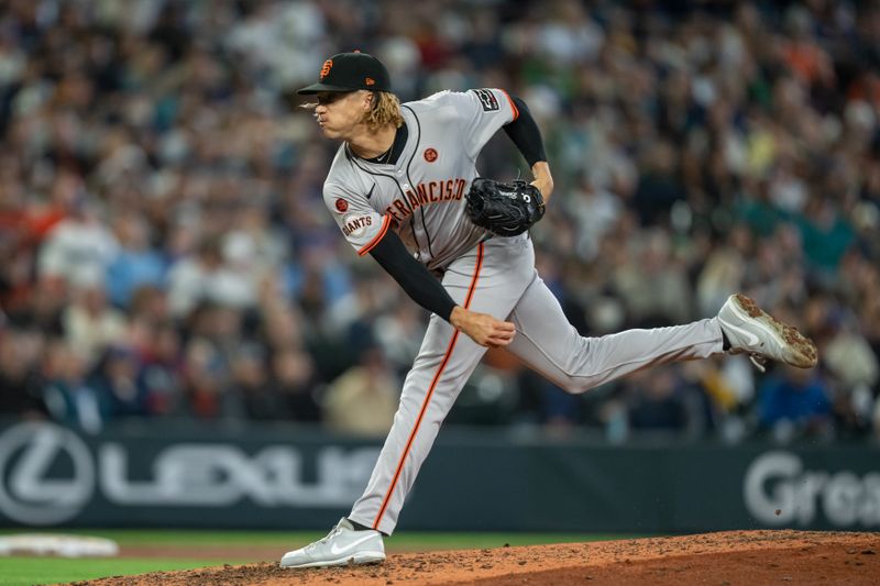 Aug 23, 2024; Seattle, Washington, USA; San Francisco Giants reliever Spencer Bivens (76) delivers a pitch during the fifth inning against the Seattle Mariners at T-Mobile Park. Mandatory Credit: Stephen Brashear-USA TODAY Sports