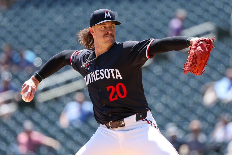 May 30, 2024; Minneapolis, Minnesota, USA; Minnesota Twins starting pitcher Chris Paddack (20) delivers a pitch against the Kansas City Royals during the first inning at Target Field. Mandatory Credit: Matt Krohn-USA TODAY Sports