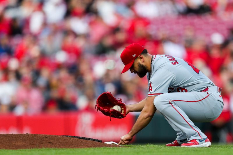 Apr 20, 2024; Cincinnati, Ohio, USA; Los Angeles Angels starting pitcher Patrick Sandoval (43) prepares to pitch in the first inning against the Cincinnati Reds at Great American Ball Park. Mandatory Credit: Katie Stratman-USA TODAY Sports