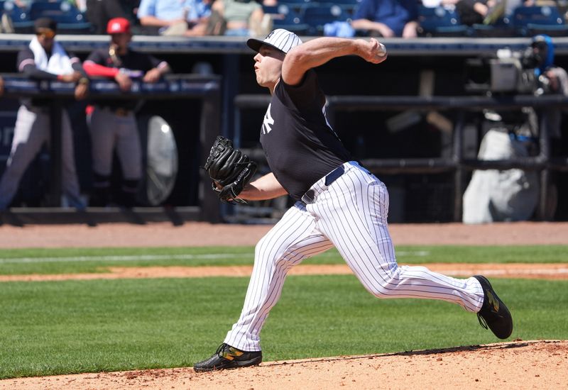 Mar 6, 2025; Tampa, Florida, USA; New York Yankees pitcher Will Bryan (40) throws a pitch against the Minnesota Twins during the second inning at George M. Steinbrenner Field. Mandatory Credit: Dave Nelson-Imagn Images