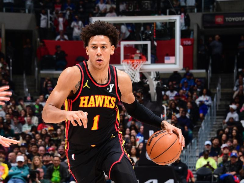 LOS ANGELES, CA - MARCH 17: Jalen Johnson #1 of the Atlanta Hawks drives to the basket during the game against the LA Clippers on March 17, 2024 at Crypto.Com Arena in Los Angeles, California. NOTE TO USER: User expressly acknowledges and agrees that, by downloading and/or using this Photograph, user is consenting to the terms and conditions of the Getty Images License Agreement. Mandatory Copyright Notice: Copyright 2024 NBAE (Photo by Adam Pantozzi/NBAE via Getty Images)