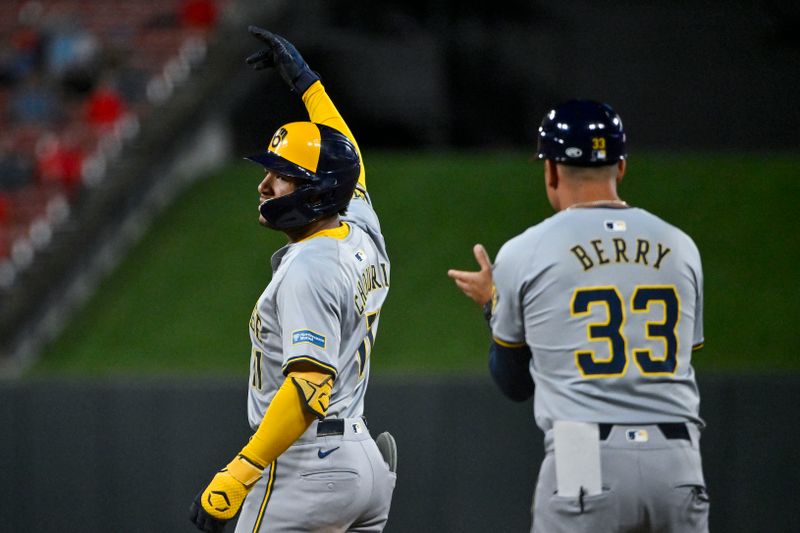 Aug 21, 2024; St. Louis, Missouri, USA;  Milwaukee Brewers left fielder Jackson Chourio (11) reacts after hitting a two run single against the St. Louis Cardinals during the seventh inning at Busch Stadium. Mandatory Credit: Jeff Curry-USA TODAY Sports