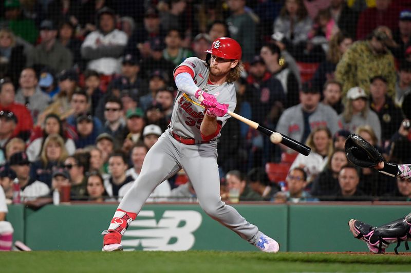 May 14, 2023; Boston, Massachusetts, USA; St. Louis Cardinals left fielder Brendan Donovan (33) bats against the Boston Red Sox during the fifth inning at Fenway Park. Mandatory Credit: Eric Canha-USA TODAY Sports