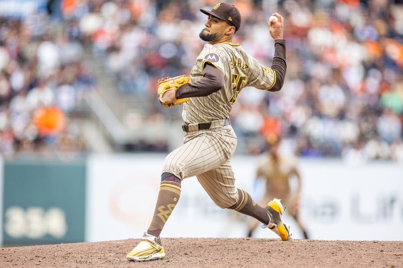 Sep 15, 2024; San Francisco, California, USA; San Francisco Giants pitcher Camilo Doval (75) throws a pitch during the ninth inning against the San Diego Padres at Oracle Park. Mandatory Credit: Bob Kupbens-Imagn Images