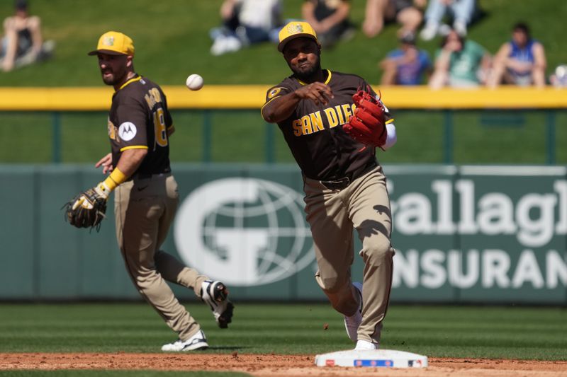 Feb 24, 2026; Mesa, Arizona, USA; San Diego Padres outfielder Pablo Reyes (26) makes the play for an out against the Chicago Cubs in the first inning at Sloan Park. Mandatory Credit: Rick Scuteri-Imagn Images