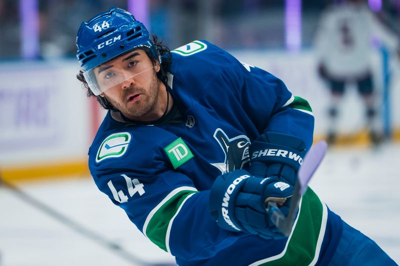 Nov 8, 2025; Vancouver, British Columbia, CAN;  Vancouver Canucks forward Kiefer Sherwood (44) shoots during warm up prior to a game against the Columbus Blue Jackets at Rogers Arena. Mandatory Credit: Bob Frid-Imagn Images
