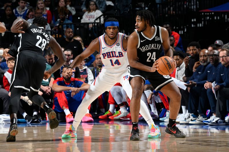 PHILADELPHIA, PA - OCTOBER 16:  Cam Thomas #24 of the Brooklyn Nets handles the ball during the game against the Philadelphia 76ers on October 16, 2024 at the Wells Fargo Center in Philadelphia, Pennsylvania NOTE TO USER: User expressly acknowledges and agrees that, by downloading and/or using this Photograph, user is consenting to the terms and conditions of the Getty Images License Agreement. Mandatory Copyright Notice: Copyright 2024 NBAE (Photo by David Dow/NBAE via Getty Images)