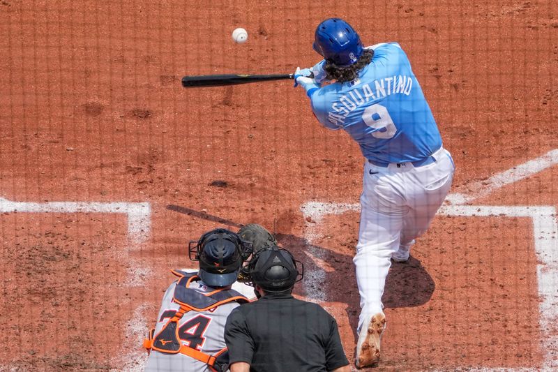 Jun 1, 2025; Kansas City, Missouri, USA; Kansas City Royals first baseman Vinnie Pasquantino (9) singles against the Detroit Tigers in the fourth inning at Kauffman Stadium. Mandatory Credit: Denny Medley-Imagn Images