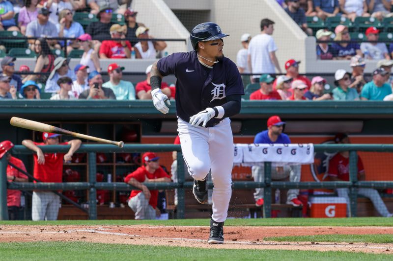 Feb 25, 2023; Lakeland, Florida, USA; Detroit Tigers third baseman Tyler Nevin (18) watches the ball during the first inning against the Philadelphia Phillies at Publix Field at Joker Marchant Stadium. Mandatory Credit: Mike Watters-USA TODAY Sports