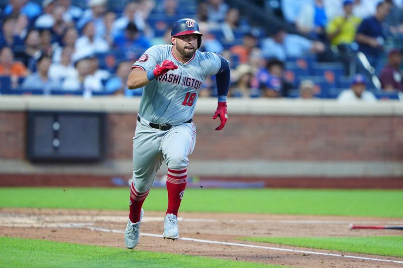 Jul 10, 2024; New York City, New York, USA; Washington Nationals first baseman Juan Yepez (18) runs out a single against the New York Mets during the fourth inning at Citi Field. Mandatory Credit: Gregory Fisher-USA TODAY Sports