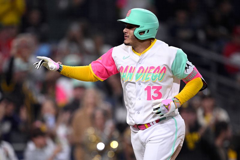 Sep 22, 2023; San Diego, California, USA; San Diego Padres designated hitter Manny Machado (13) celebrates after hitting a home run against the St. Louis Cardinals during the sixth inning at Petco Park. Mandatory Credit: Orlando Ramirez-USA TODAY Sports
