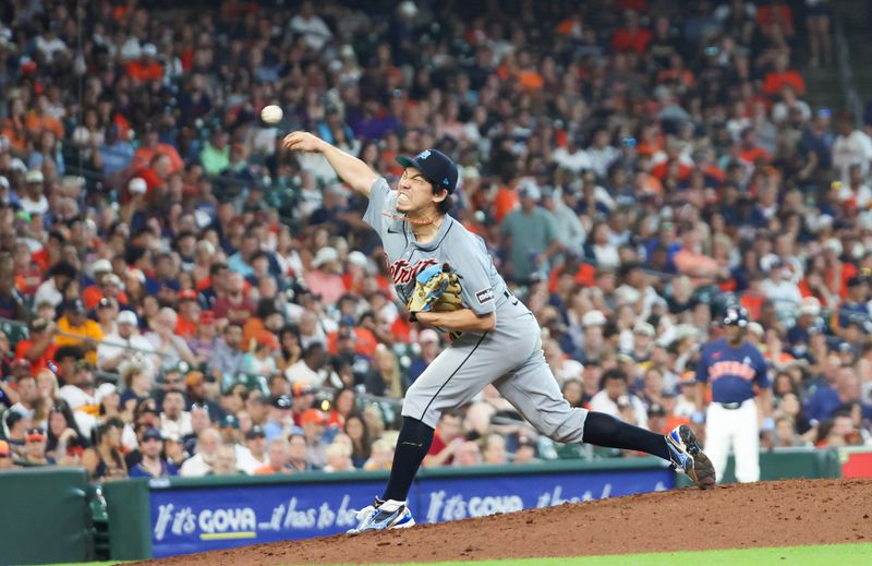 Jun 16, 2024; Houston, Texas, USA;  Detroit Tigers starting pitcher Kenta Maeda (18) pitches against the Houston Astros in the fifth inning at Minute Maid Park. Mandatory Credit: Thomas Shea-USA TODAY Sports