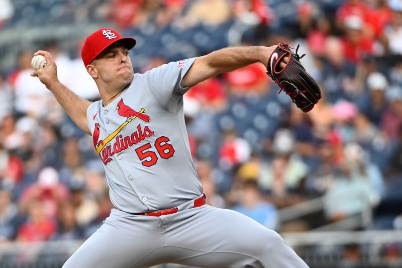 May 10, 2025; Washington, District of Columbia, USA; St. Louis Cardinals relief pitcher Ryan Helsley (56) throws to the Washington Nationals during the ninth inning at Nationals Park. Mandatory Credit: Brad Mills-Imagn Images
