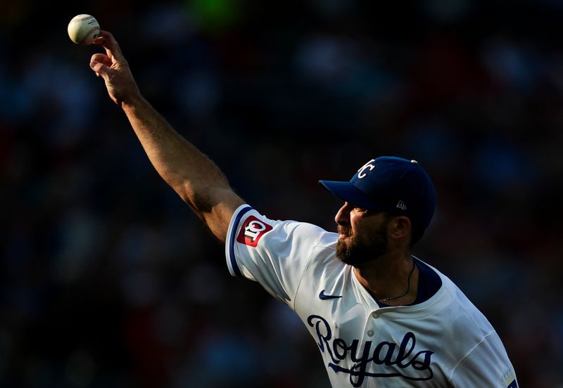 Aug 10, 2024; Kansas City, Missouri, USA; Kansas City Royals starting pitcher Michael Wacha (52) warms up during the first inning against the St. Louis Cardinals at Kauffman Stadium. Mandatory Credit: Jay Biggerstaff-USA TODAY Sports