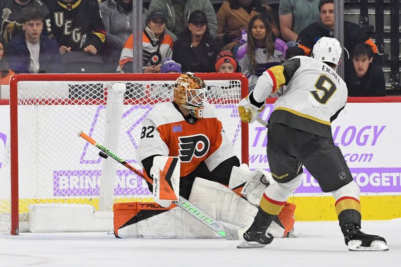Nov 25, 2024; Philadelphia, Pennsylvania, USA; Vegas Golden Knights center Jack Eichel (9) scores a goal against Philadelphia Flyers goaltender Ivan Fedotov (82) during the shootout period at Wells Fargo Center. Mandatory Credit: Eric Hartline-Imagn Images